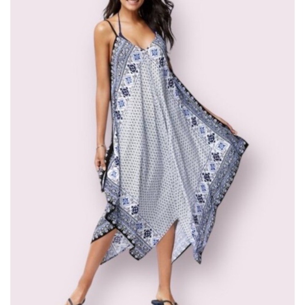 Tommy Bahama Scarf Coverup Dress S/M Blue White Sleeveless Flowy Beach Tropical